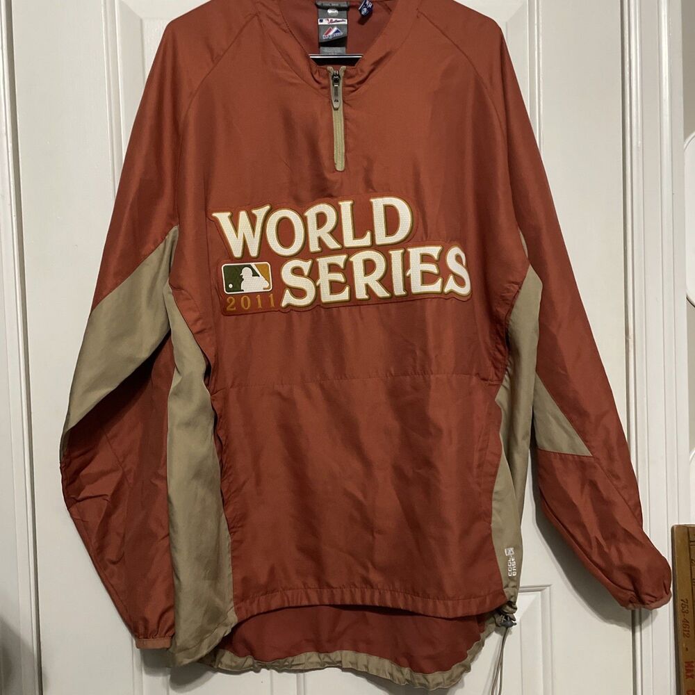 Majestic MLB World Series 2011 Cool Base Pullover Wind Breaker Sz L TINY FLAW